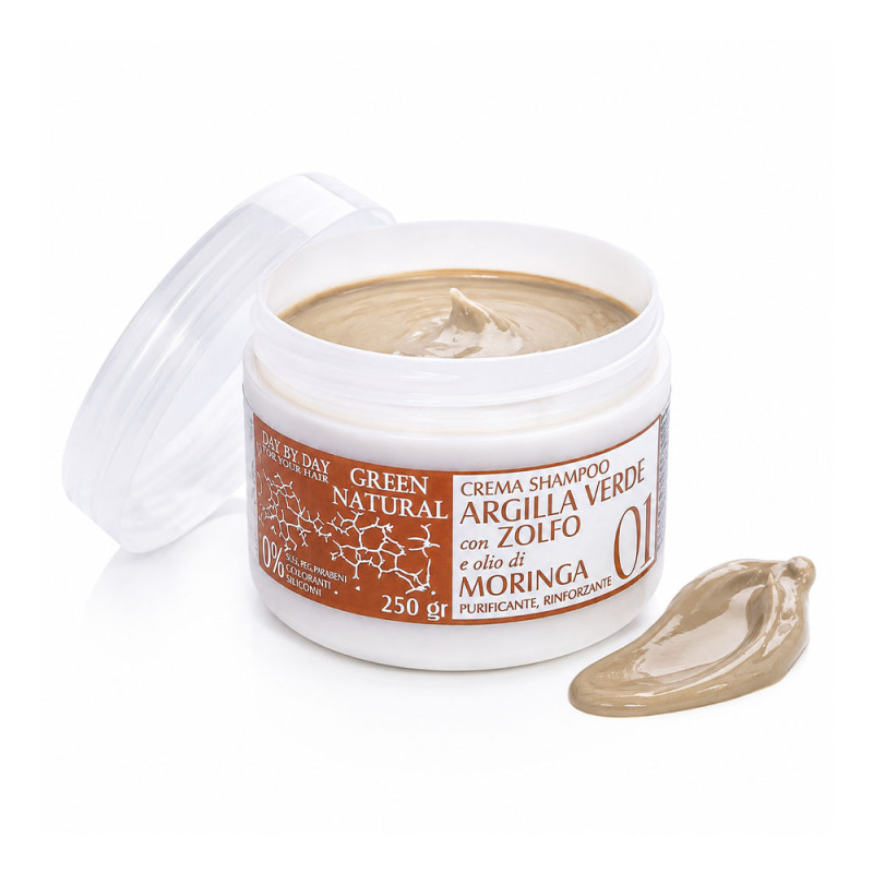 Крем-шампунь Alan Jey Green Natural Crema Shampoo Argilla Verde Con Zolfo E Olio DI Moringa, із зеленою глиною, цинком та олією моринги